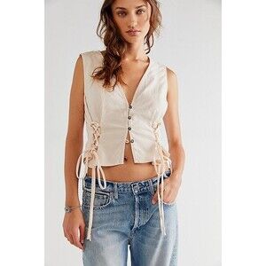 Free People Lala Lace Up Vest Blouse Top Tank Buttondown Cropped Cotton S 276271